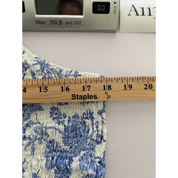 Blue White Floral Toile Smocked Linen Blend Mini Dress XL Pockets - Picture 5 of 6